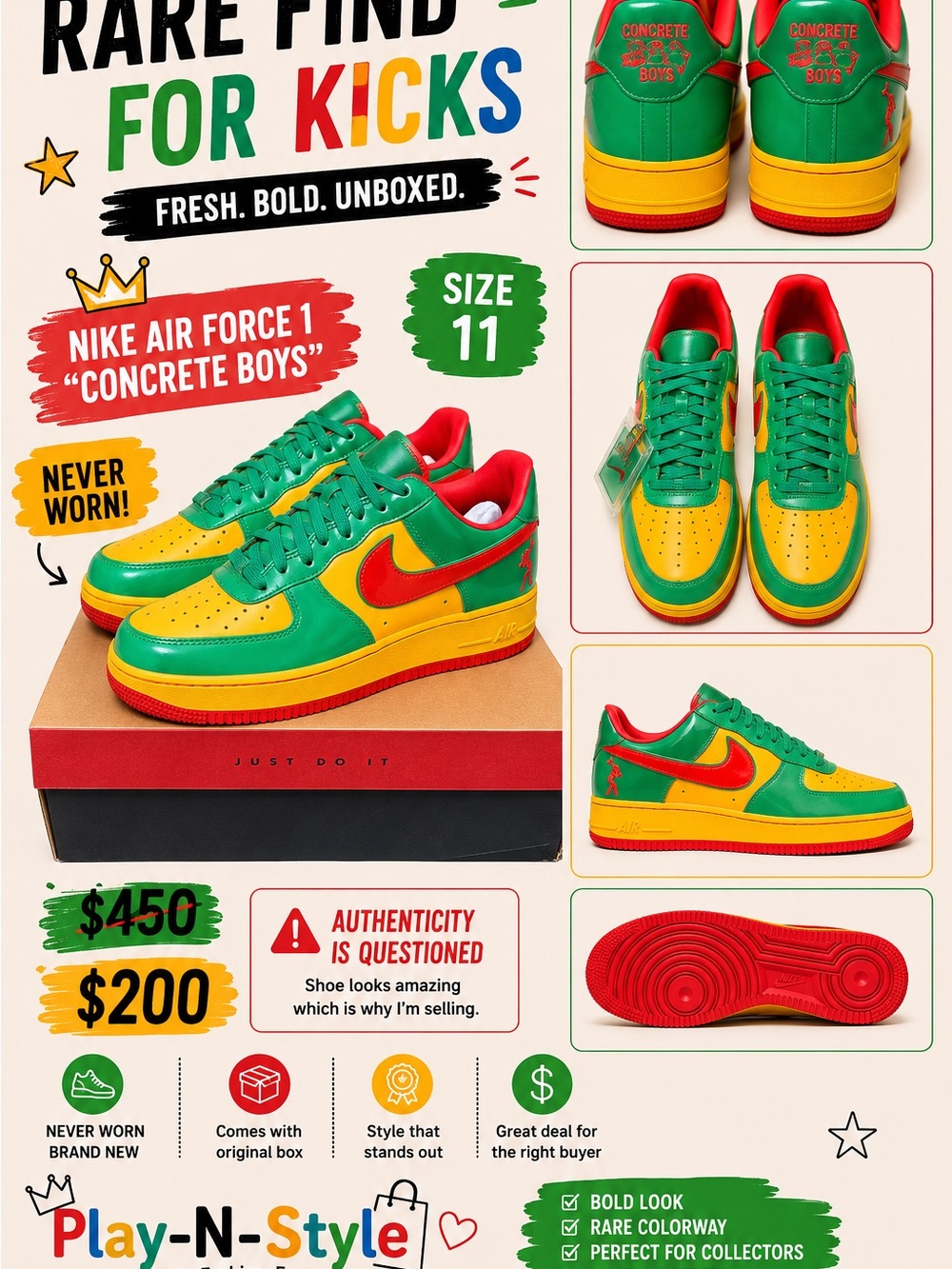 Nike Air Force 1 Concrete Boys Green/Yellow/Red